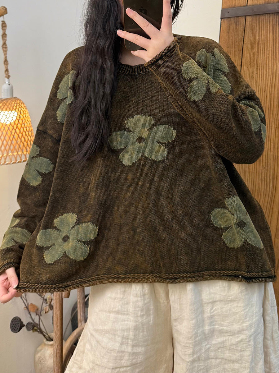 Women Autumn Retro Flower O-Neck Sweater