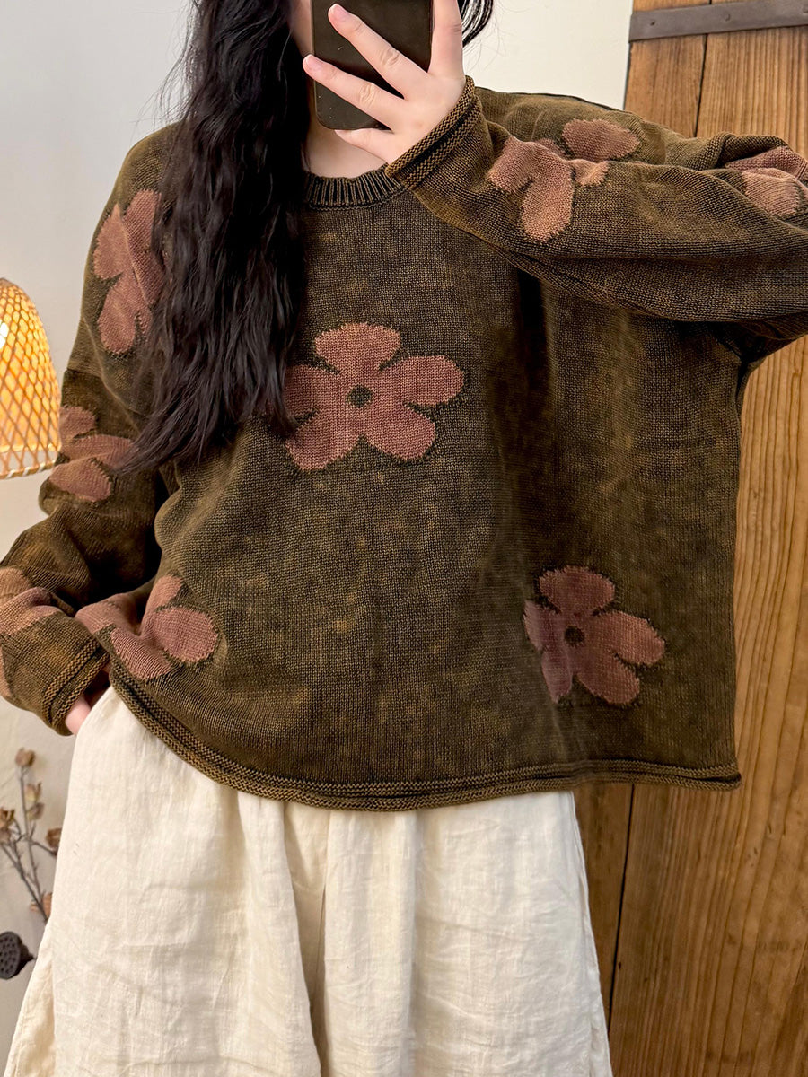 Women Autumn Retro Flower O-Neck Sweater