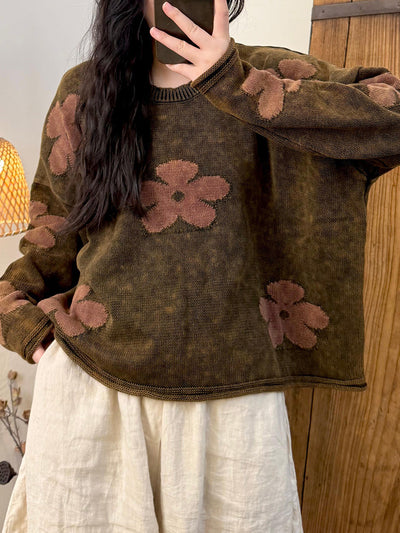 Women Autumn Retro Flower O-Neck Sweater