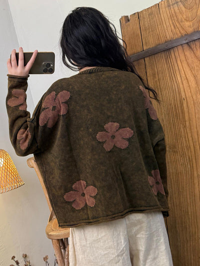 Women Autumn Retro Flower O-Neck Sweater