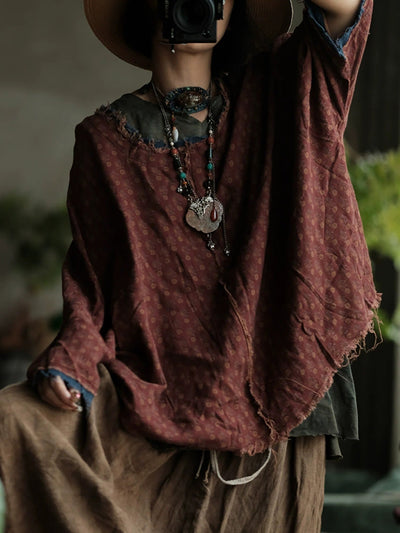 Women Autumn Retro Print O-Neck Raw-edge Cotton Shirt