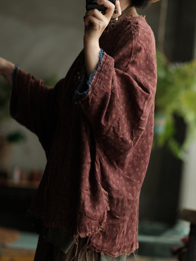 Women Autumn Retro Print O-Neck Raw-edge Cotton Shirt