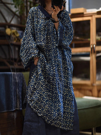 Women Autumn Retro Flower Spliced V-Neck Ramie Dress