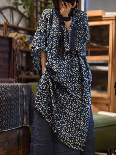 Women Autumn Retro Flower Spliced V-Neck Ramie Dress