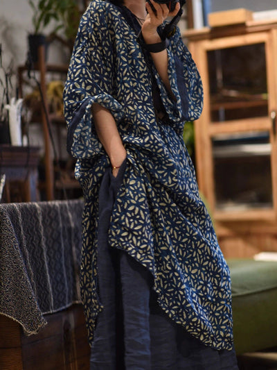 Women Autumn Retro Flower Spliced V-Neck Ramie Dress