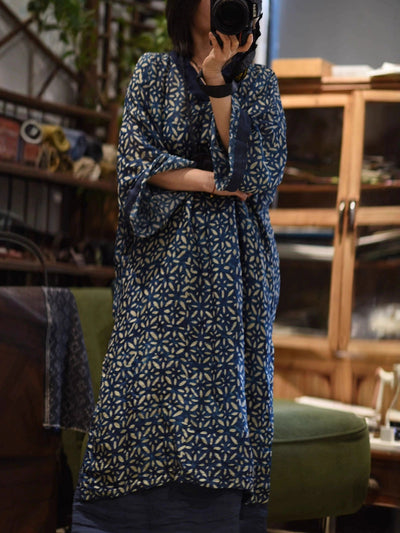 Women Autumn Retro Flower Spliced V-Neck Ramie Dress