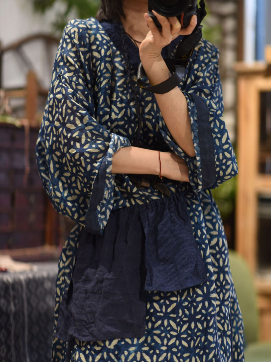 Women Autumn Retro Flower Spliced V-Neck Ramie Dress