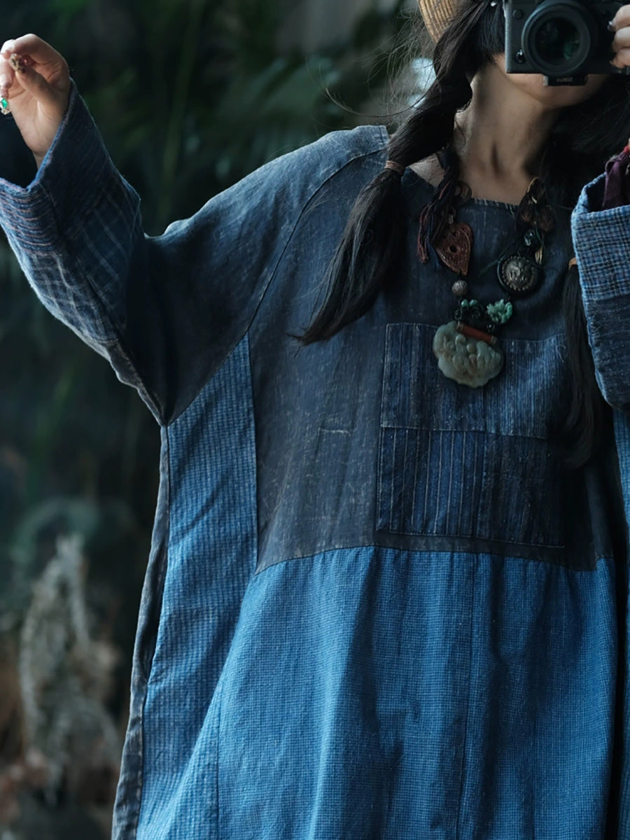 Women Autumn Retro Patchwork O-Neck Cotton Dress