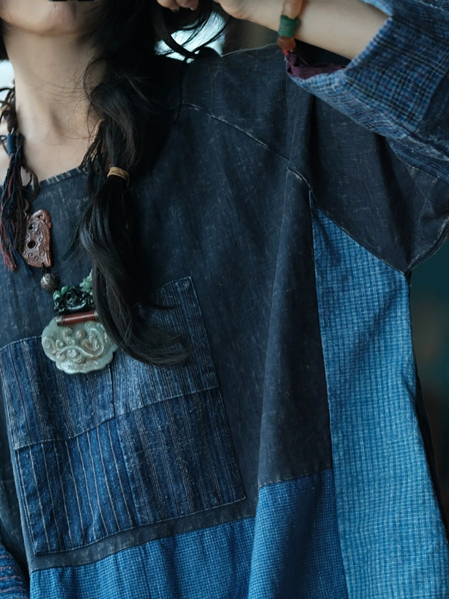 Women Autumn Retro Patchwork O-Neck Cotton Dress