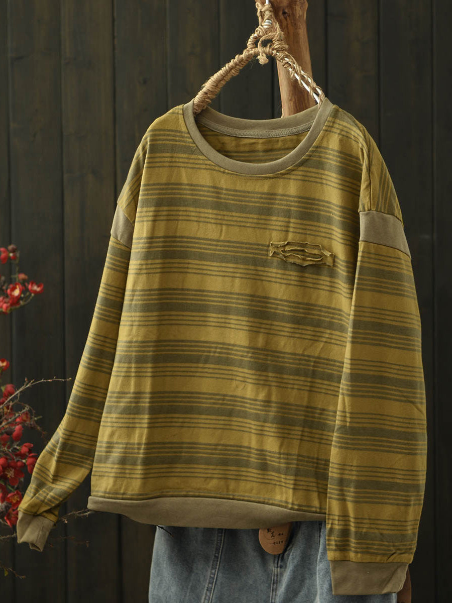 Women Autumn Casual Stripe O-Neck Blouse