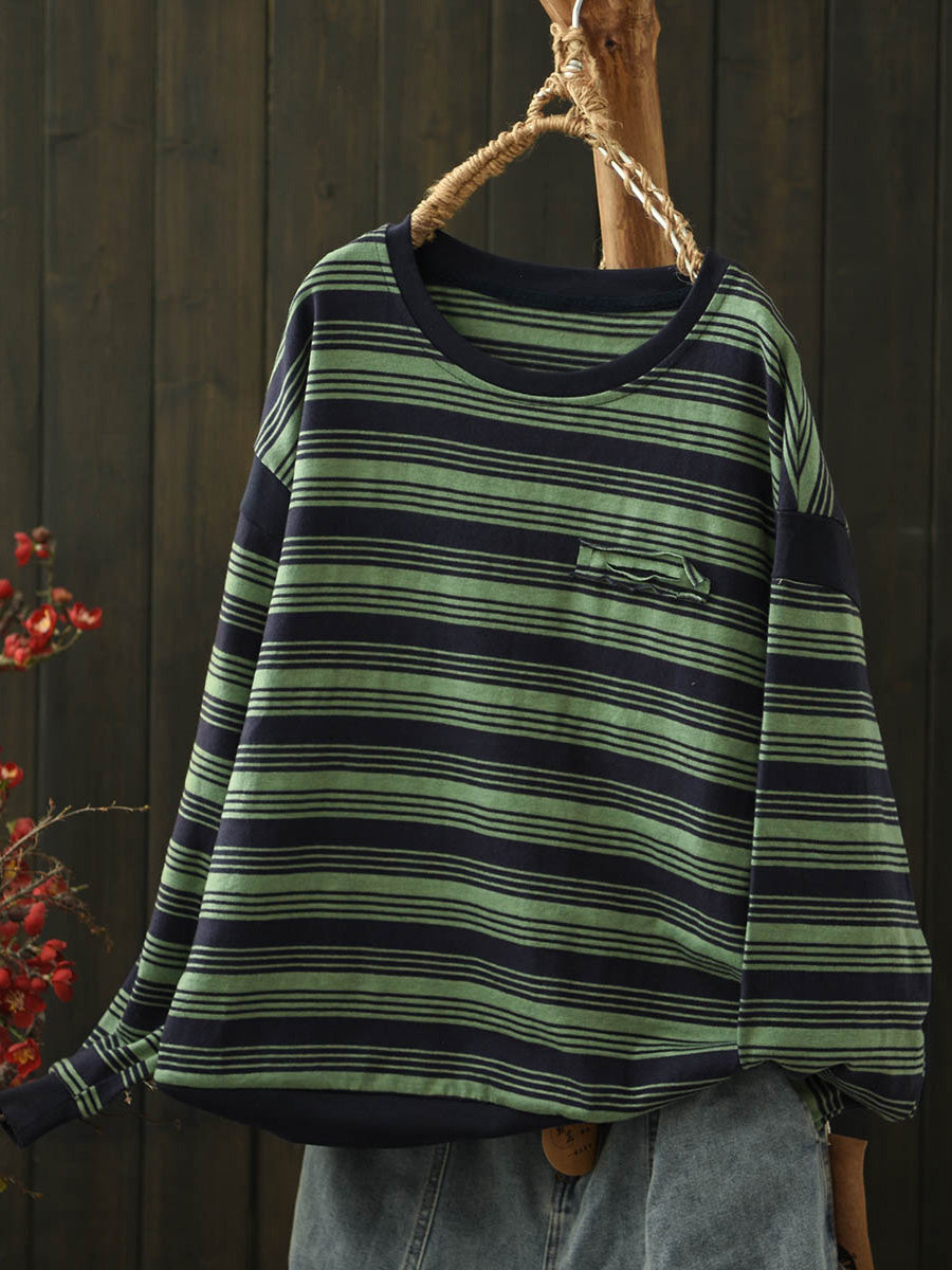 Women Autumn Casual Stripe O-Neck Blouse
