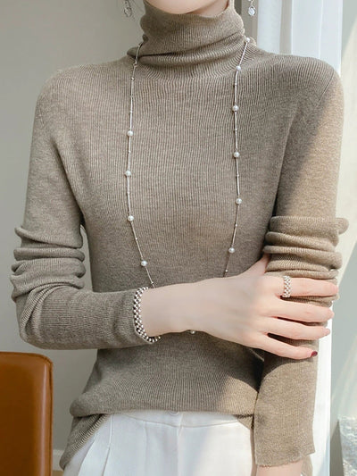 Women Autumn Casual Pure Color Knitted Turtleneck Sweater