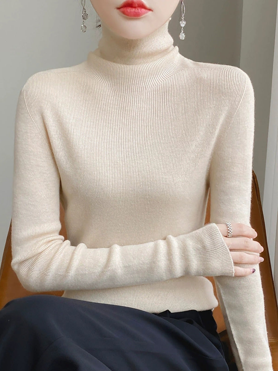 Women Autumn Casual Pure Color Knitted Turtleneck Sweater