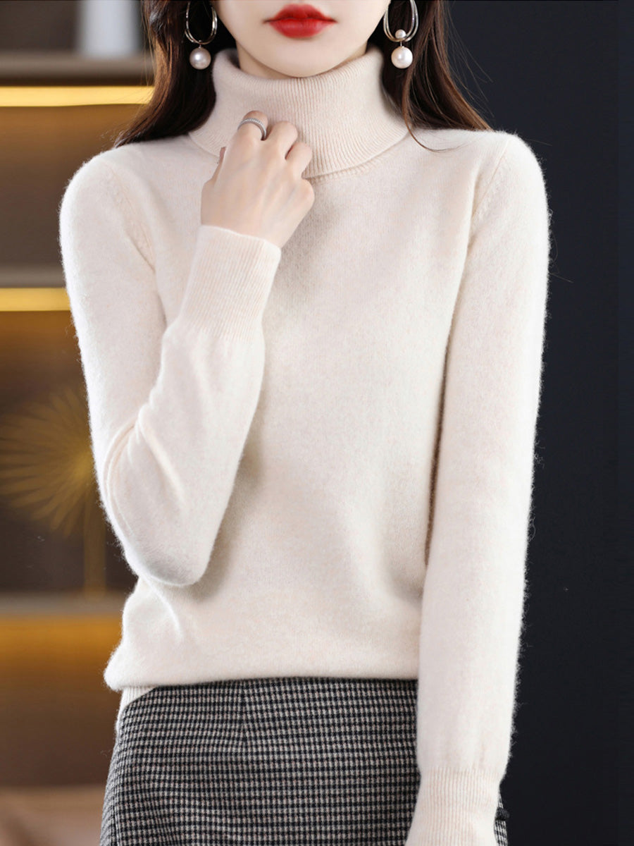 Women Autumn Casual Pure Color Knitted Turtleneck Sweater