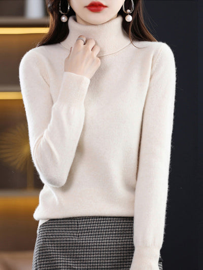 Women Autumn Casual Pure Color Knitted Turtleneck Sweater