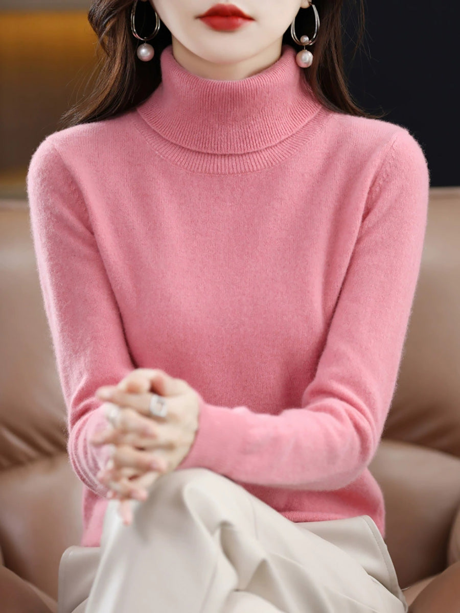 Women Autumn Casual Pure Color Knitted Turtleneck Sweater