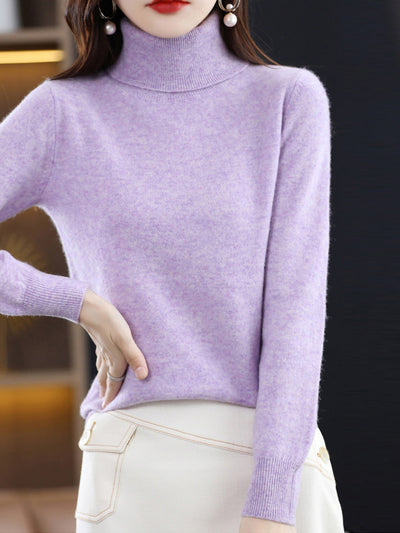 Women Autumn Casual Pure Color Knitted Turtleneck Sweater