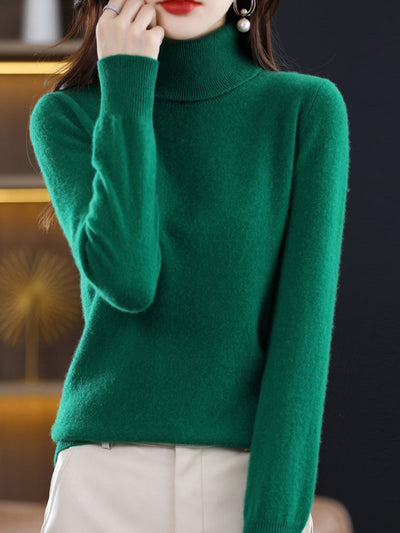 Women Autumn Casual Pure Color Knitted Turtleneck Sweater