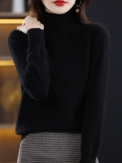 Women Autumn Casual Pure Color Knitted Turtleneck Sweater