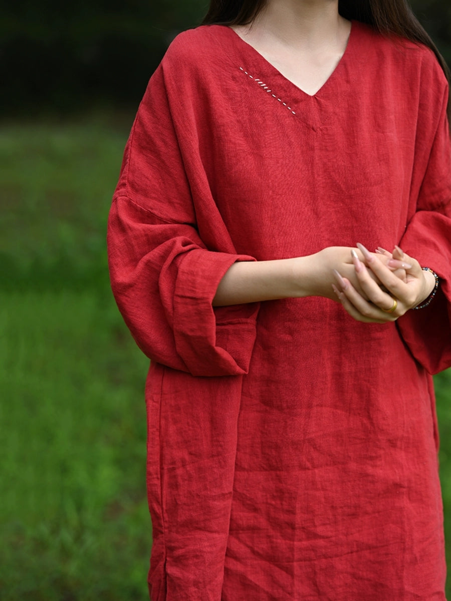 Women Autumn Retro Pure Color V-Neck 100%Linen Shirt