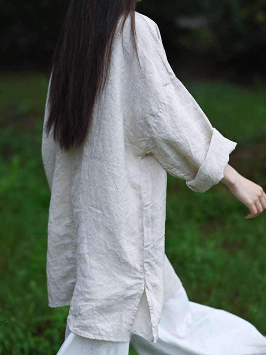 Women Autumn Retro Pure Color V-Neck 100%Linen Shirt