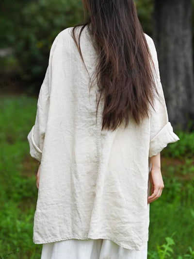 Women Autumn Retro Pure Color V-Neck 100%Linen Shirt