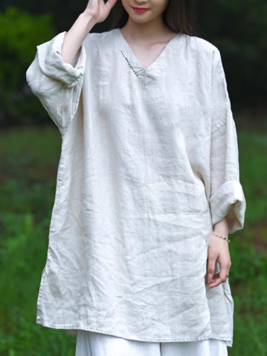 Women Autumn Retro Pure Color V-Neck 100%Linen Shirt