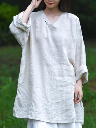 Women Autumn Retro Pure Color V-Neck 100%Linen Shirt