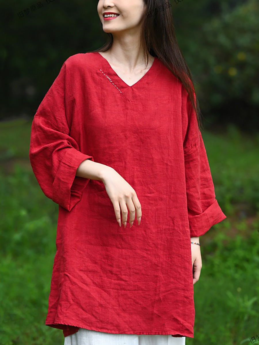 Women Autumn Retro Pure Color V-Neck 100%Linen Shirt