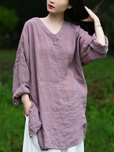 Women Autumn Retro Pure Color V-Neck 100%Linen Shirt