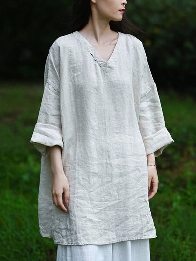 Women Autumn Retro Pure Color V-Neck 100%Linen Shirt