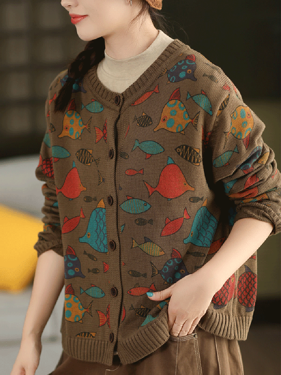 Women Autumn Artsy Cartoon Fish O-Neck Sweater