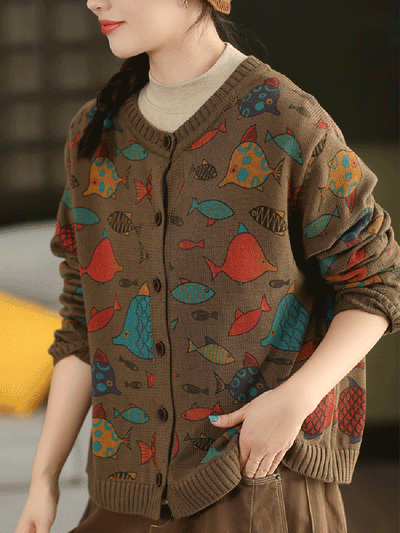 Women Autumn Artsy Cartoon Fish O-Neck Sweater