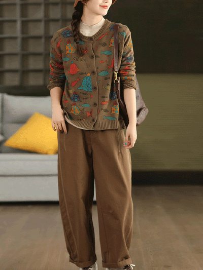 Women Autumn Artsy Cartoon Fish O-Neck Sweater