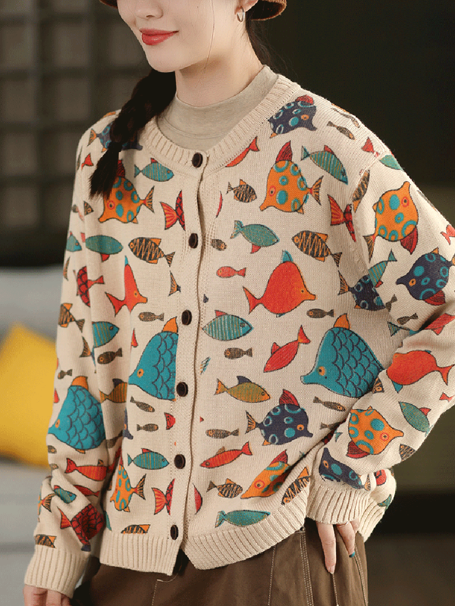 Women Autumn Artsy Cartoon Fish O-Neck Sweater