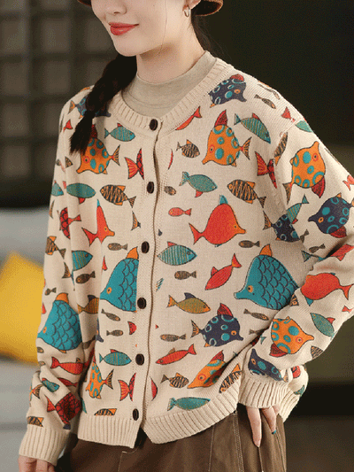 Women Autumn Artsy Cartoon Fish O-Neck Sweater