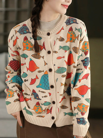 Women Autumn Artsy Cartoon Fish O-Neck Sweater