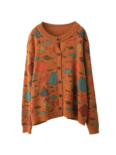 Women Autumn Artsy Cartoon Fish O-Neck Sweater
