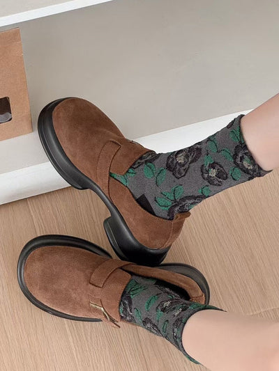 5 Pairs Women Autumn Artsy Flower Embossing Cotton Socks