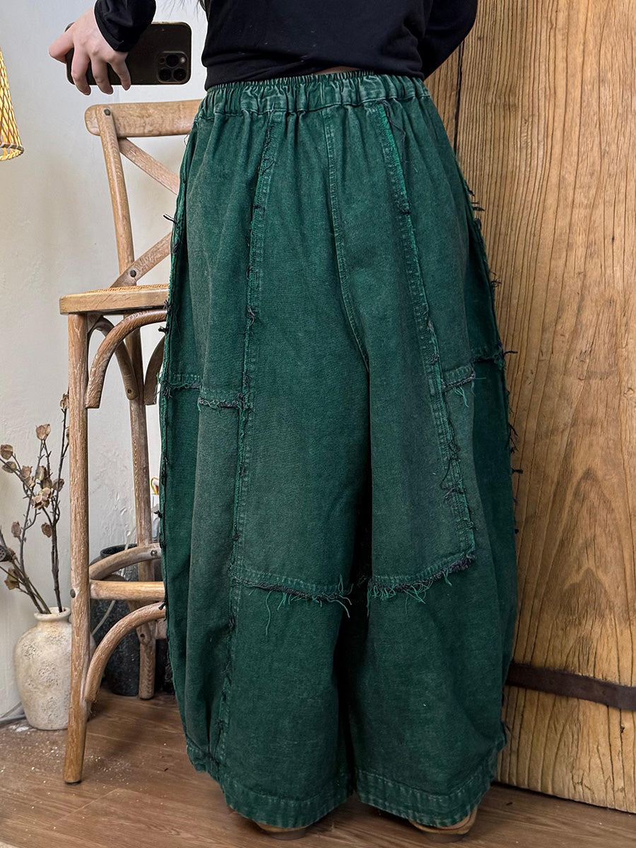 Women Autumn Retro Pure Color Spliced Denim Pants