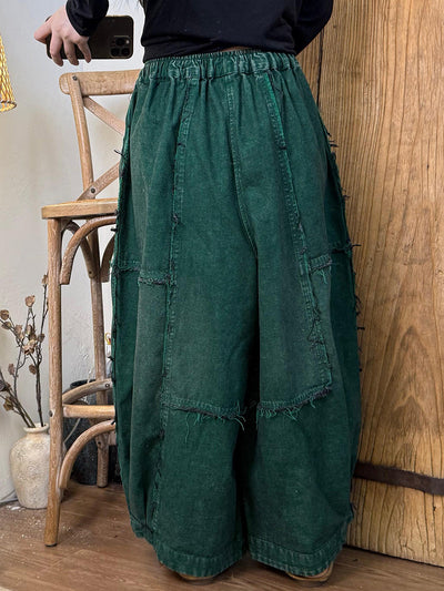 Women Autumn Retro Pure Color Spliced Denim Pants