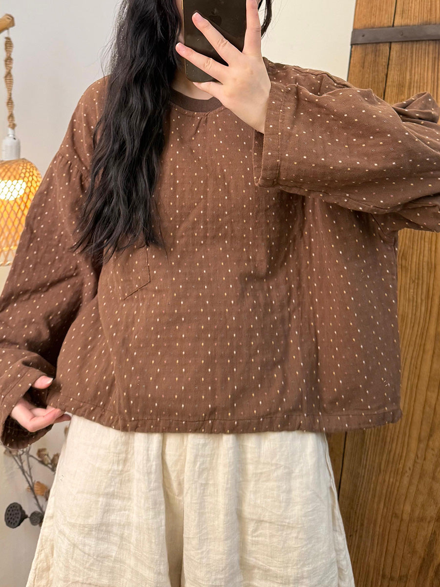 Women Autumn Retro Dot Embroidery O-Neck Loose Shirt