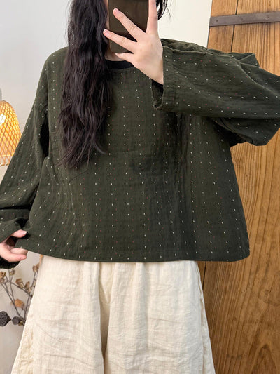 Women Autumn Retro Dot Embroidery O-Neck Loose Shirt