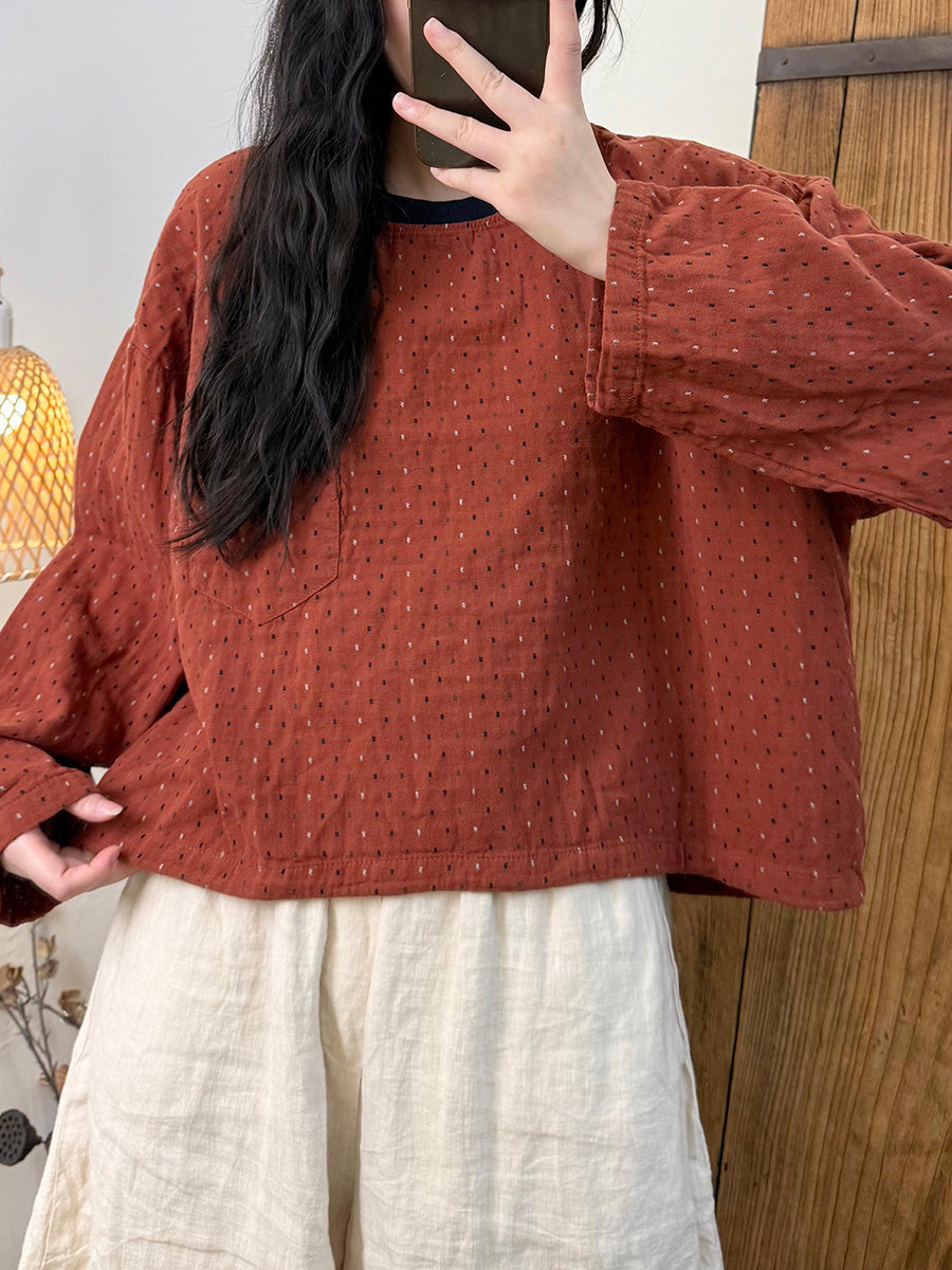 Women Autumn Retro Dot Embroidery O-Neck Loose Shirt