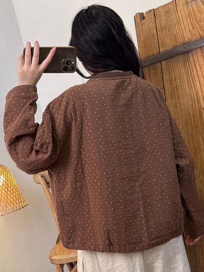 Women Autumn Retro Dot Embroidery O-Neck Loose Shirt