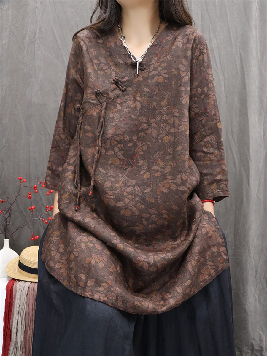 Women Autumn Retro Flower 100%Linen V-Neck Shirt