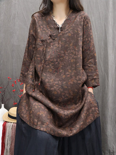 Women Autumn Retro Flower 100%Linen V-Neck Shirt