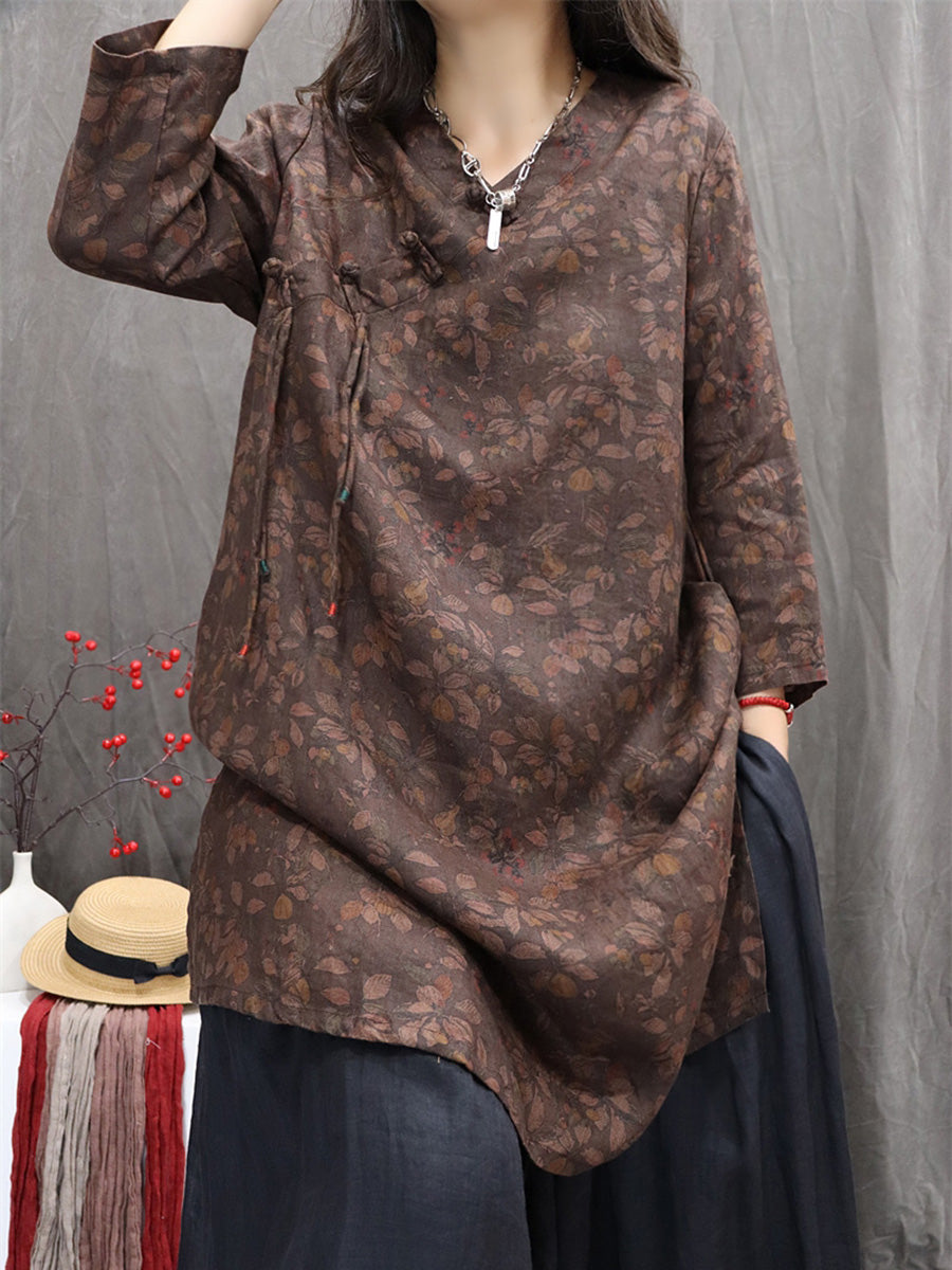 Women Autumn Retro Flower 100%Linen V-Neck Shirt