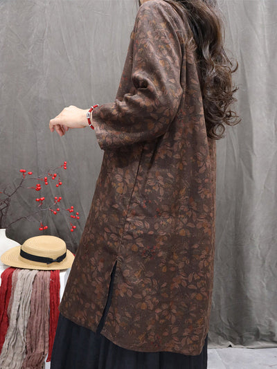 Women Autumn Retro Flower 100%Linen V-Neck Shirt