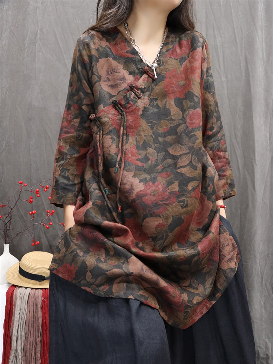 Women Autumn Retro Flower 100%Linen V-Neck Shirt